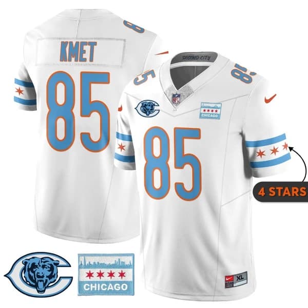 Men's Chicago Bears #85 Cole Kmet White City Edition F.U.S.E. With Chicago Flag Vapor Untouchable Limited Stitched Football Jersey Men's Chicago Bears #85 Cole Kmet White City Edition F.U.S.E. With Chicago Flag Vapor Untouchable Limited Stitched Football Jersey
